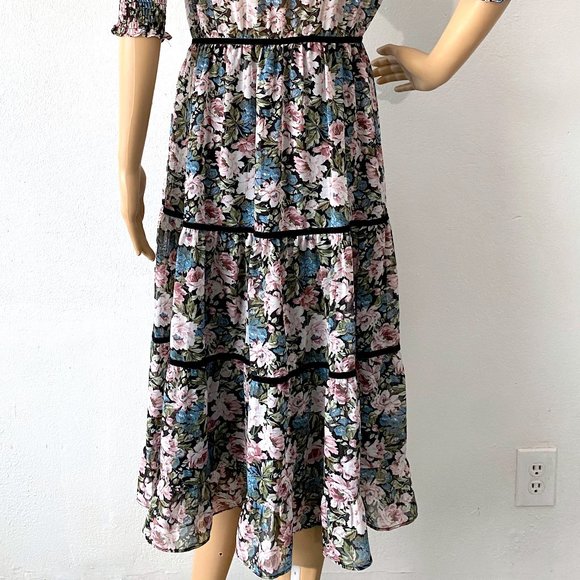 Floral Midi Dress w Long Sleeves Ruffled Dress Romantic Bohemian Flower Print XS - Picture 7 of 10